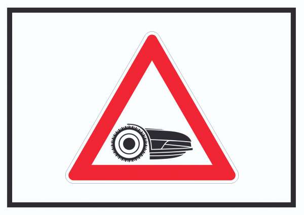 Achtung Mähroboter mit Symbol Schild