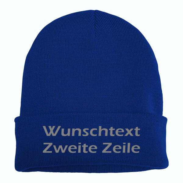 Umschlagmütze mit Wunschtext - Blau - Blockschrift - bestickt - Mütze Strickmütze