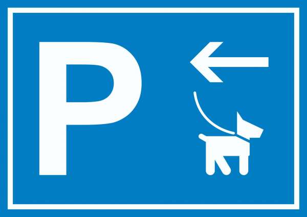 Hundeparkplatz Schild mit Richtungspfeil links waagerecht