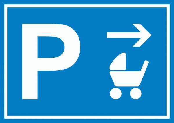 Kinderwagen Parkplatz Schild mit Richtungspfeil rechts waagerecht