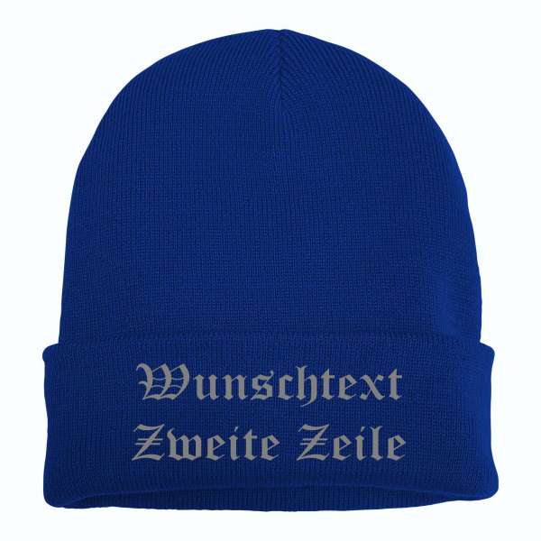 Umschlagmütze mit Wunschtext - Blau - Altdeutsch - bestickt - Mütze Strickmütze