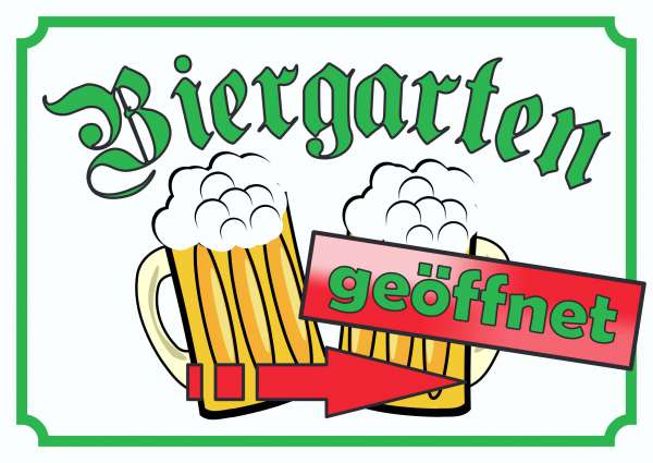 Biergarten geöffnet Schild Pfeil rechts