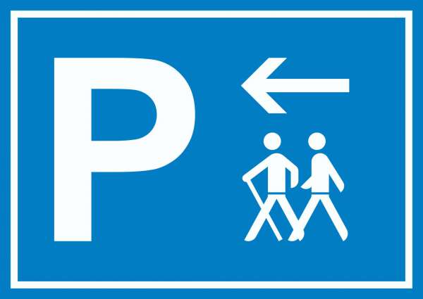 Wanderer Parkplatz mit Richtungspfeil links Schild waagerecht