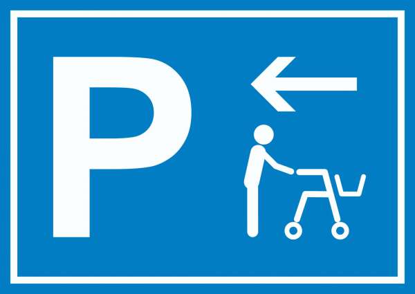 Rollator Gehwagen Parkplatz Schild mit Richtungspfeil links waagerecht