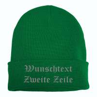 Umschlagmütze mit Wunschtext - Grün - Altdeutsch - bestickt - Mütze Strickmütze Umschlagmütze mit Wunschtext - Grün - Altdeutsch - bestickt - Mütze Strickmütze